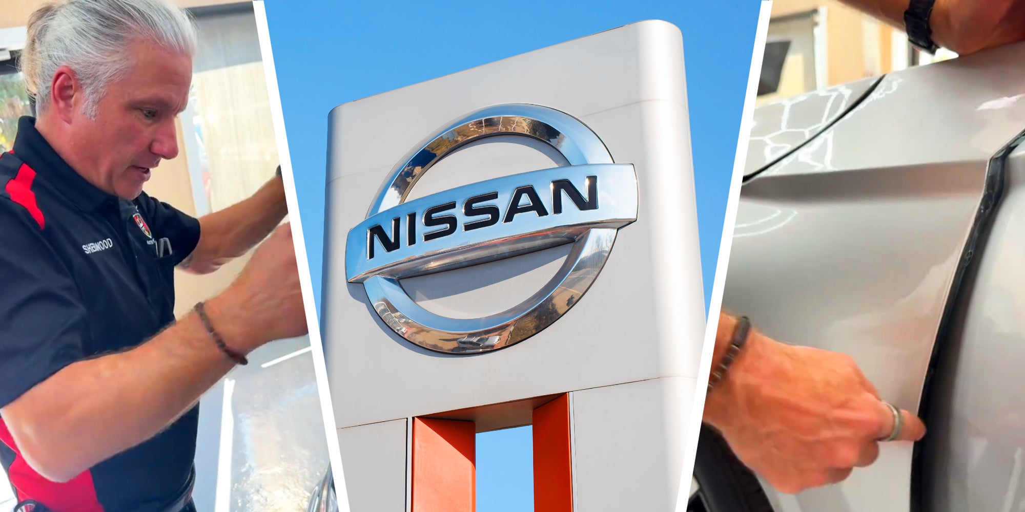 3 panel image: in the middle is the sign of a Nissan Altima dealership and on the sides a person explains.