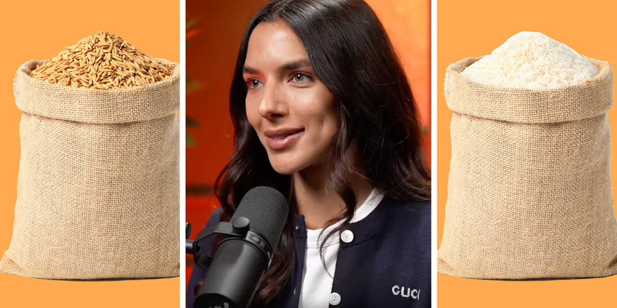 Brown Rice in sack(l), Woman talking(c), White rice in sack(r)