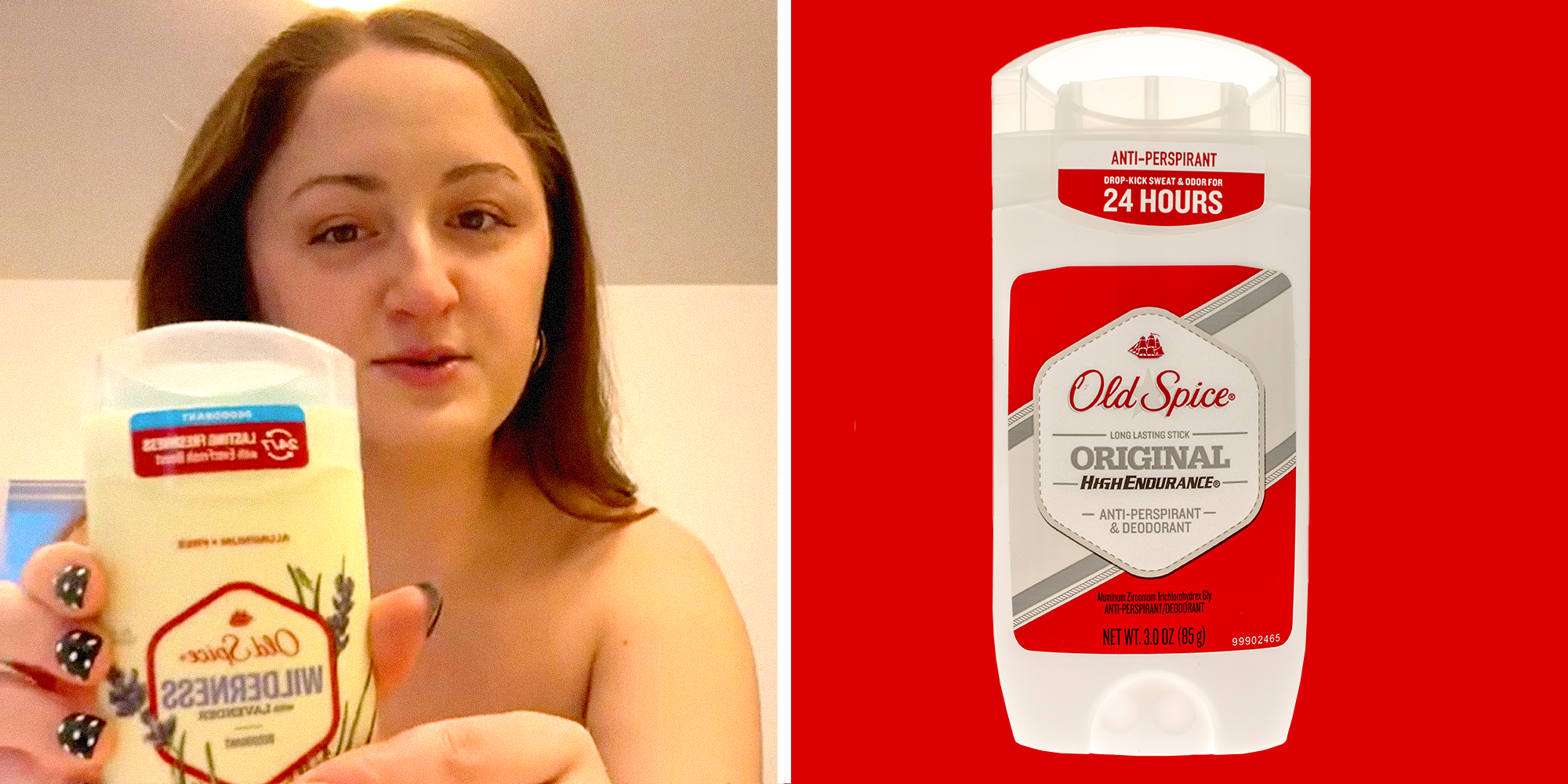 Split Image with person holding Old Spice 'Wilderness' deodorant on the left and a stock image of Old Spice deodorant with red background on the right.