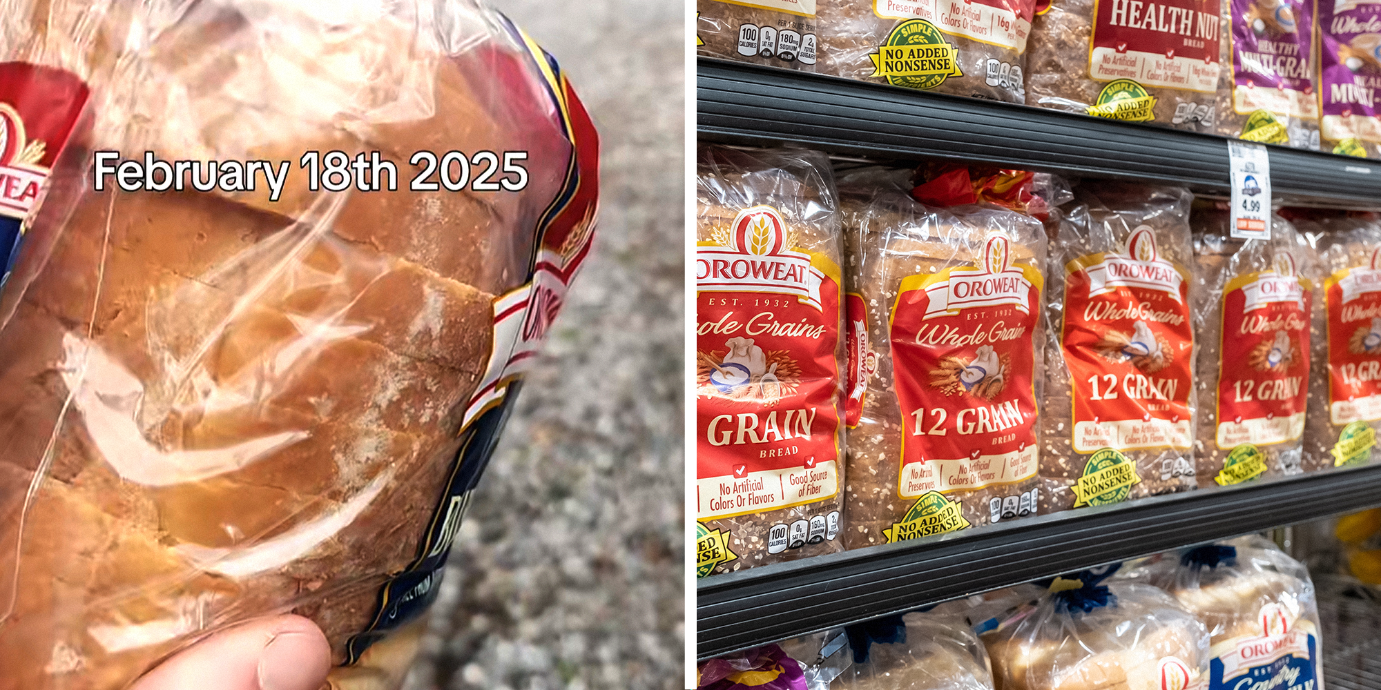 Split Image. Expired bread on left. Orowheat products on store shelves on right.