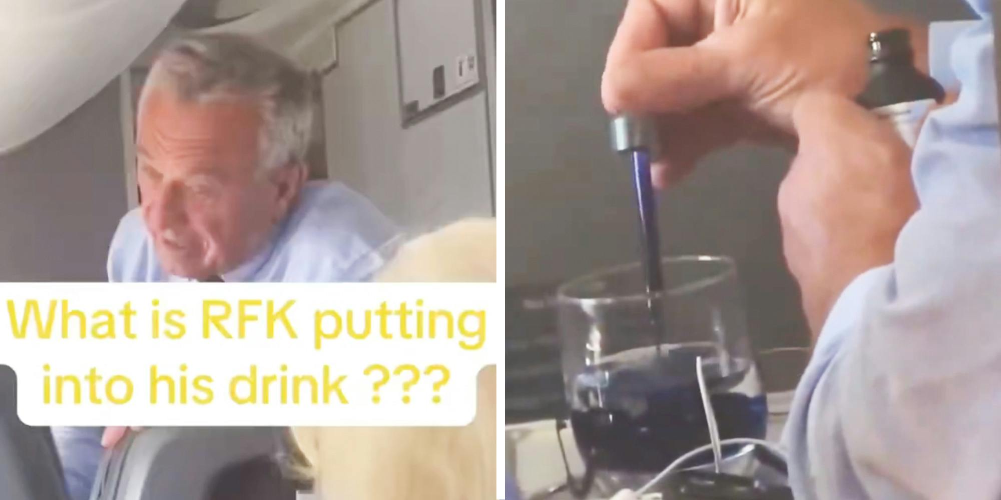 RFK Jr with text "What is RFK putting into his drink"(l), hand with blue dropper putting liquid in glass"(r)