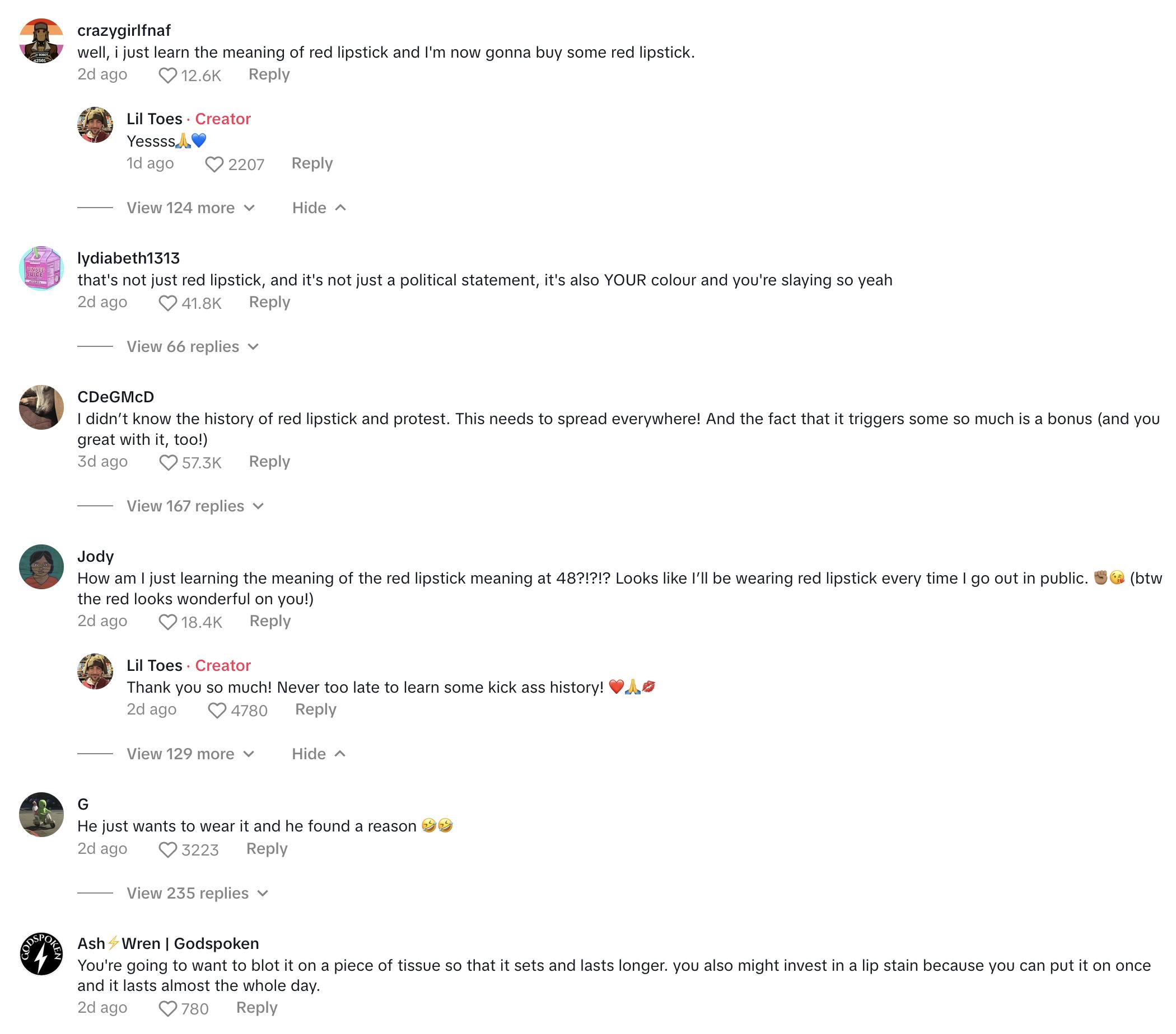 Comments on user Littletoe's TikTok of them putting on red lipstick