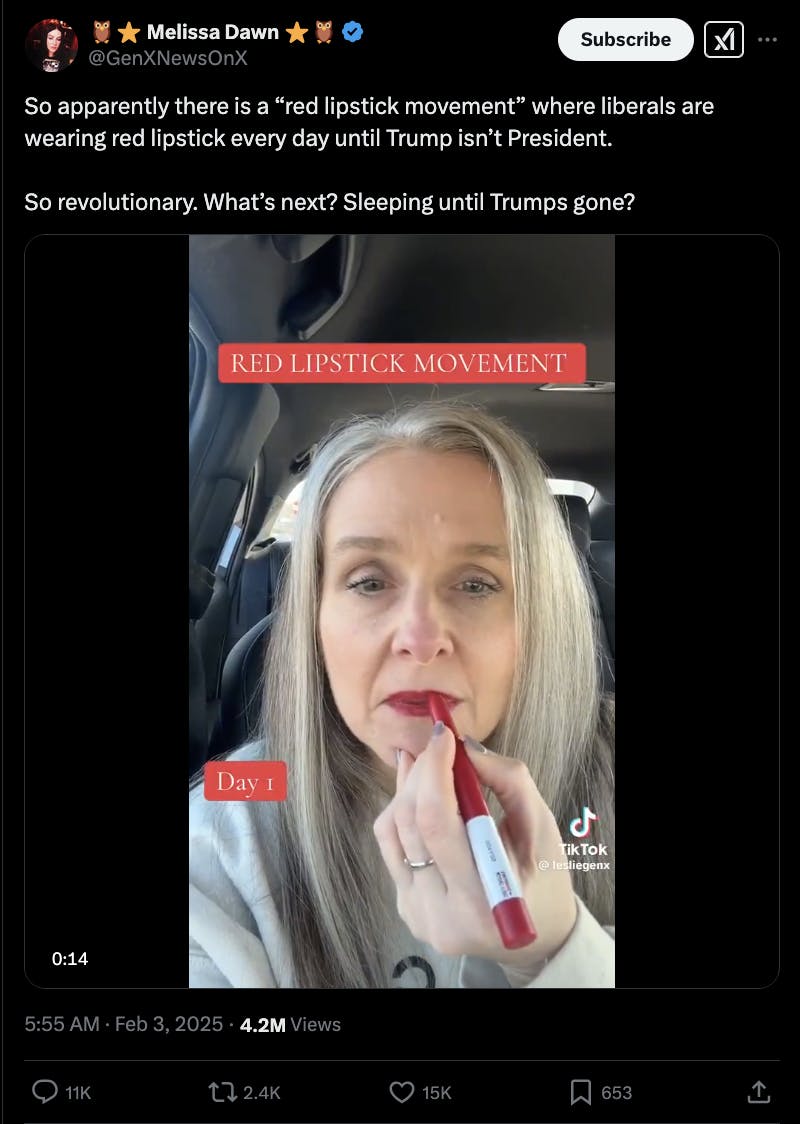 An X user criticizing the lipstick trend