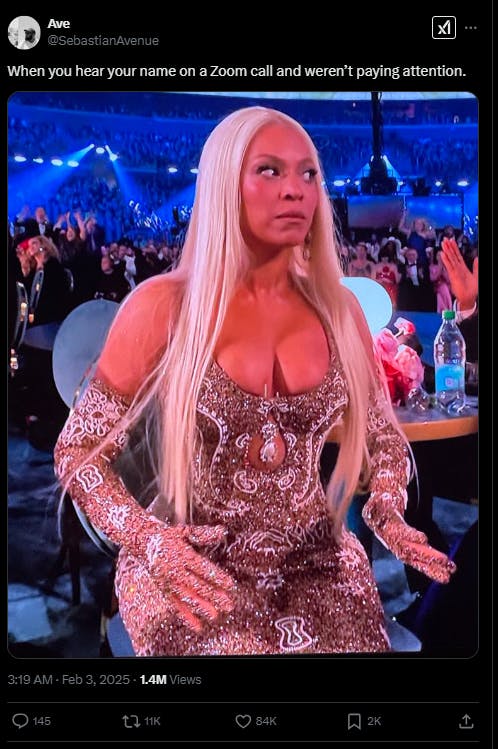 Screenshot of X post discussing beyonce grammys meme
