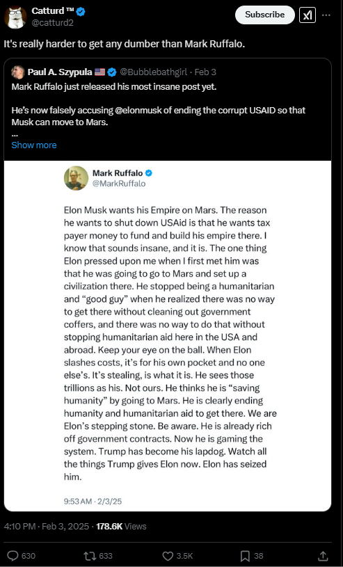 Screenshot of X post discussion mark ruffalo elon musk mars