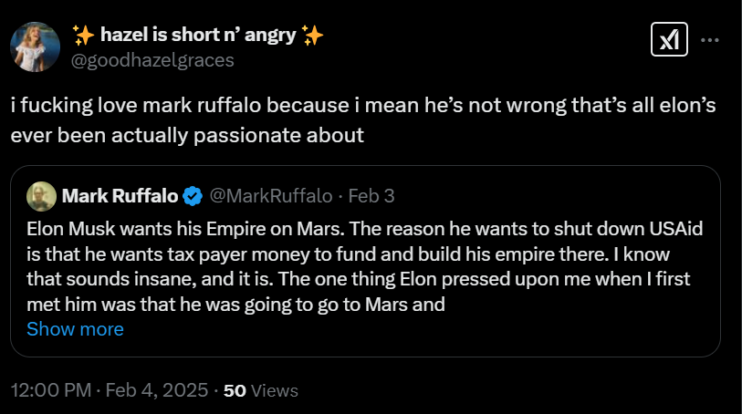 Screenshot of X post discussion mark ruffalo elon musk mars