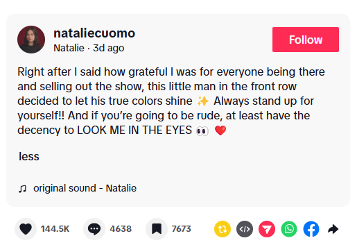 Screenshot of a caption from a post by TikTok user natalie cuomo meltdown