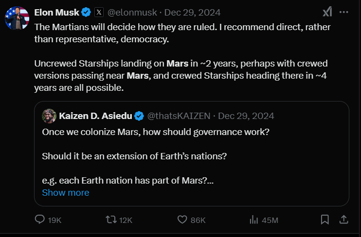 Screenshot of X post discussion mark ruffalo elon musk mars