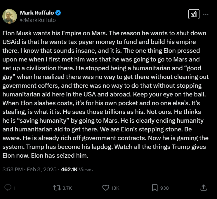 Screenshot of X post discussion mark ruffalo elon musk mars