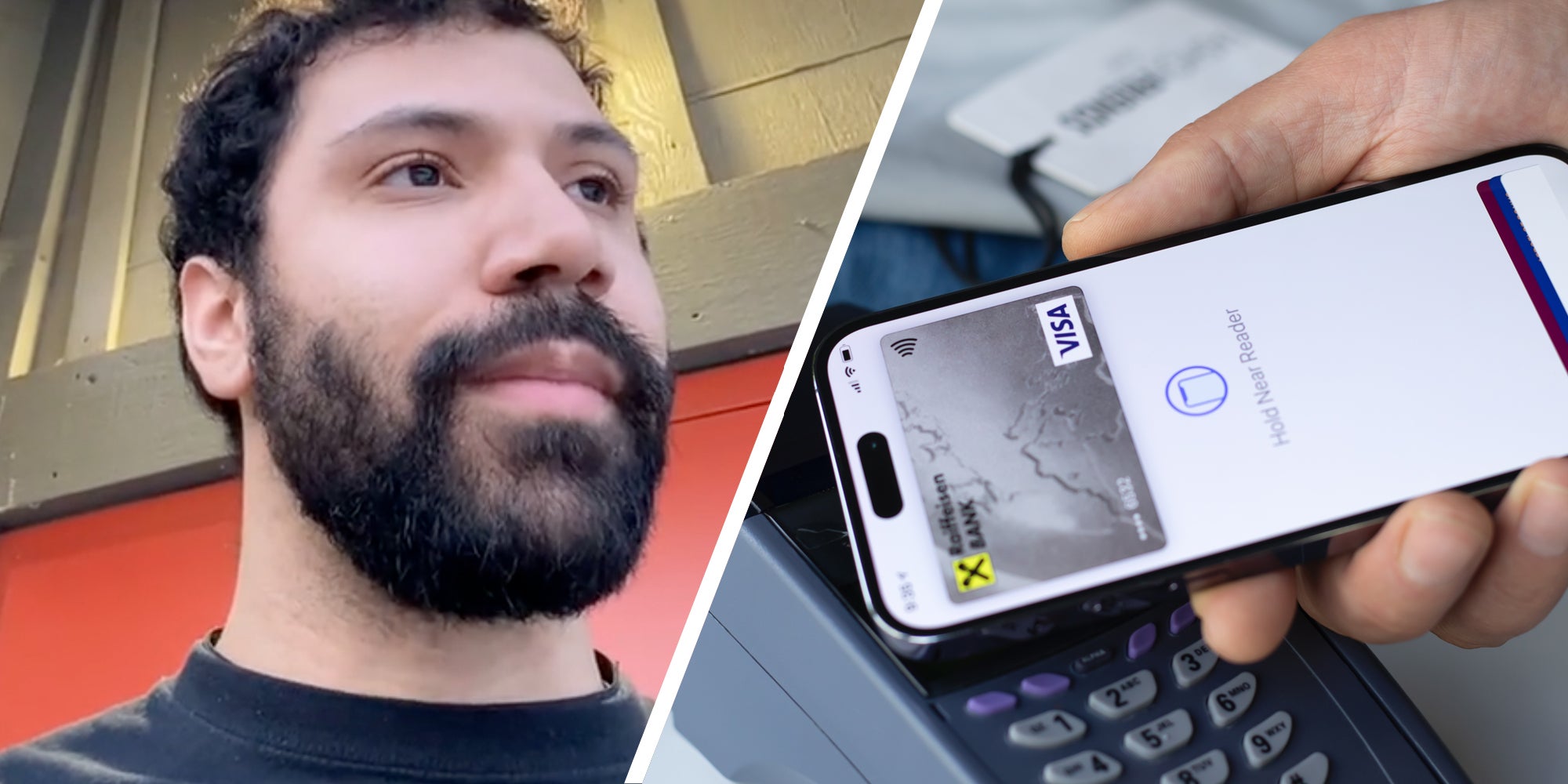 Man talking(l), Hand holding phone near payment machine(r)