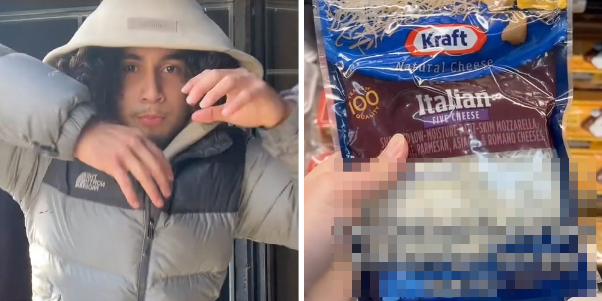Man talking(l), Hand holding kraft cheese with bottom half blurred out(r)
