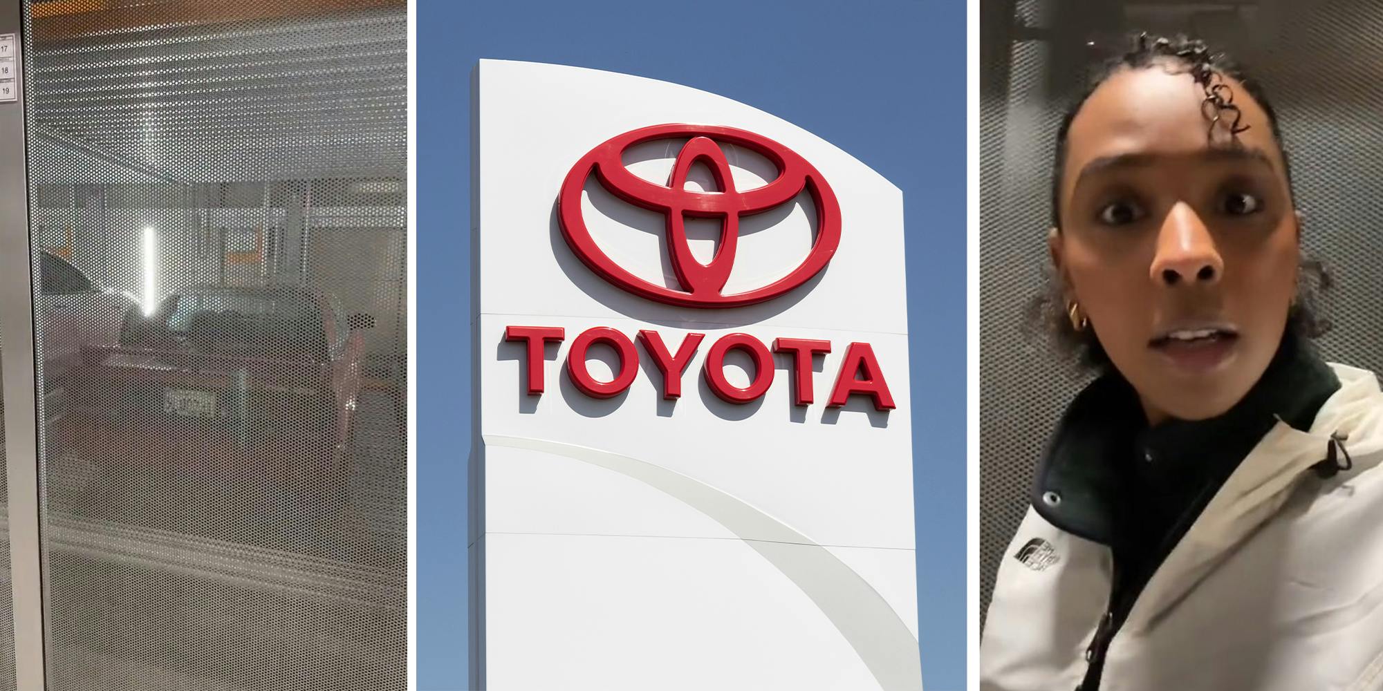 Parking Garage(l) Toyota Dealer Sign(c) Woman looking shocked(r)