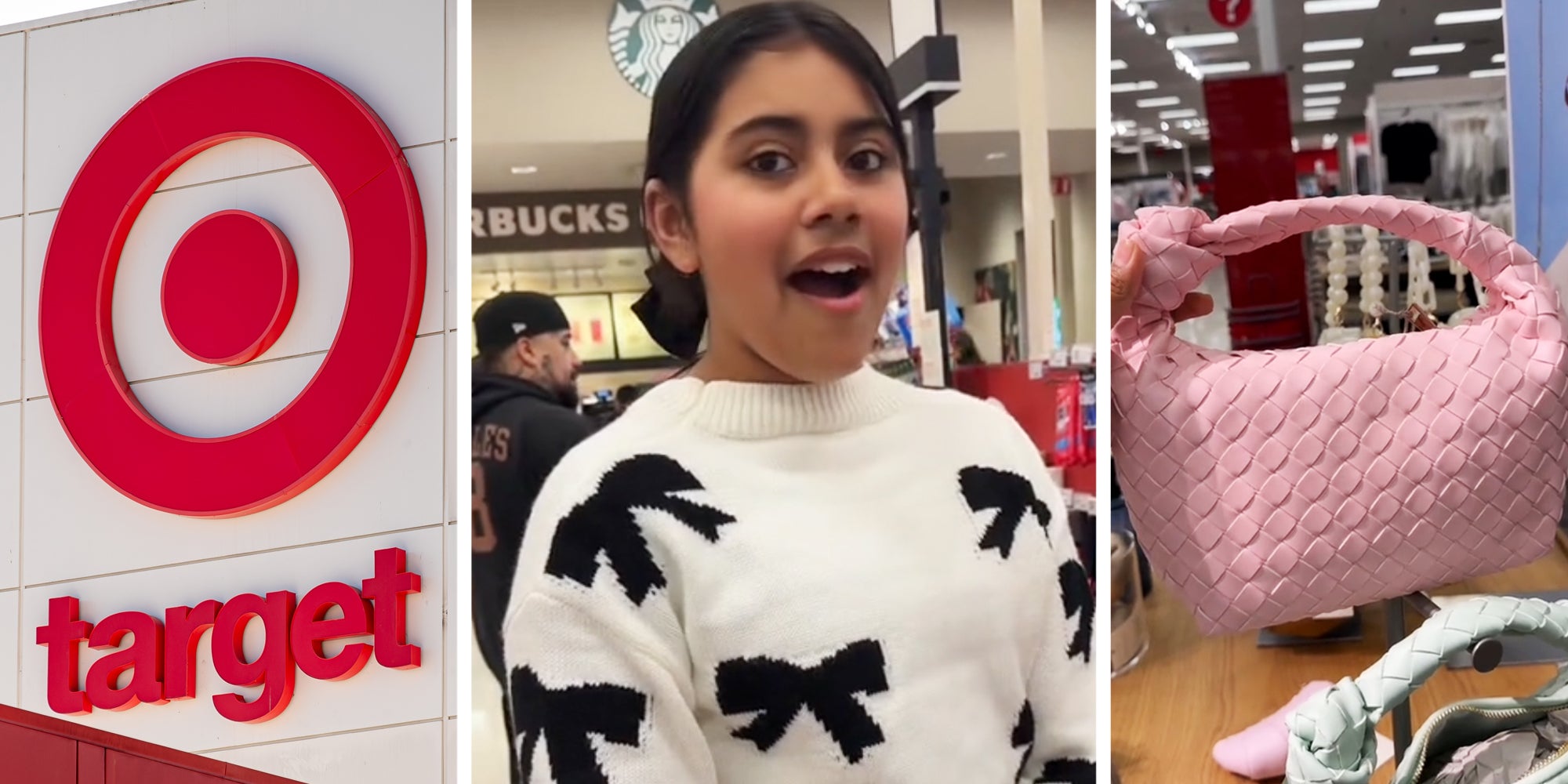 Target sign(l), Girl looking shocked(c), Bag(r)