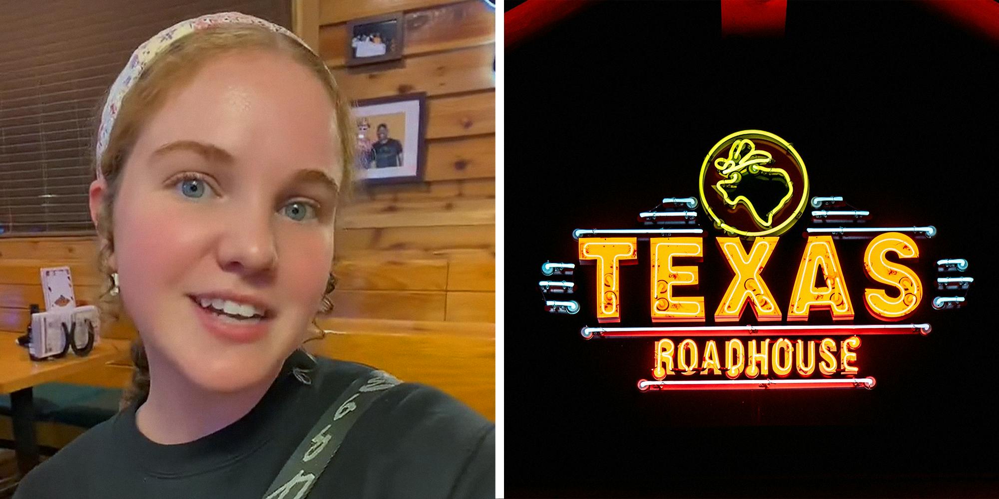 Split Image. Person explaining kid's menu deal on left. Texas Roadhouse neon logo on right.