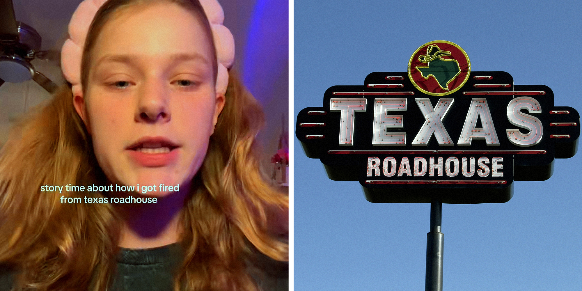 Person explaining experience getting fired from Texas Roadhouse with text over image that reads: 'story time about how i got fired from texas roadhouse' on left. Logo of Texas Roadhouse on right.