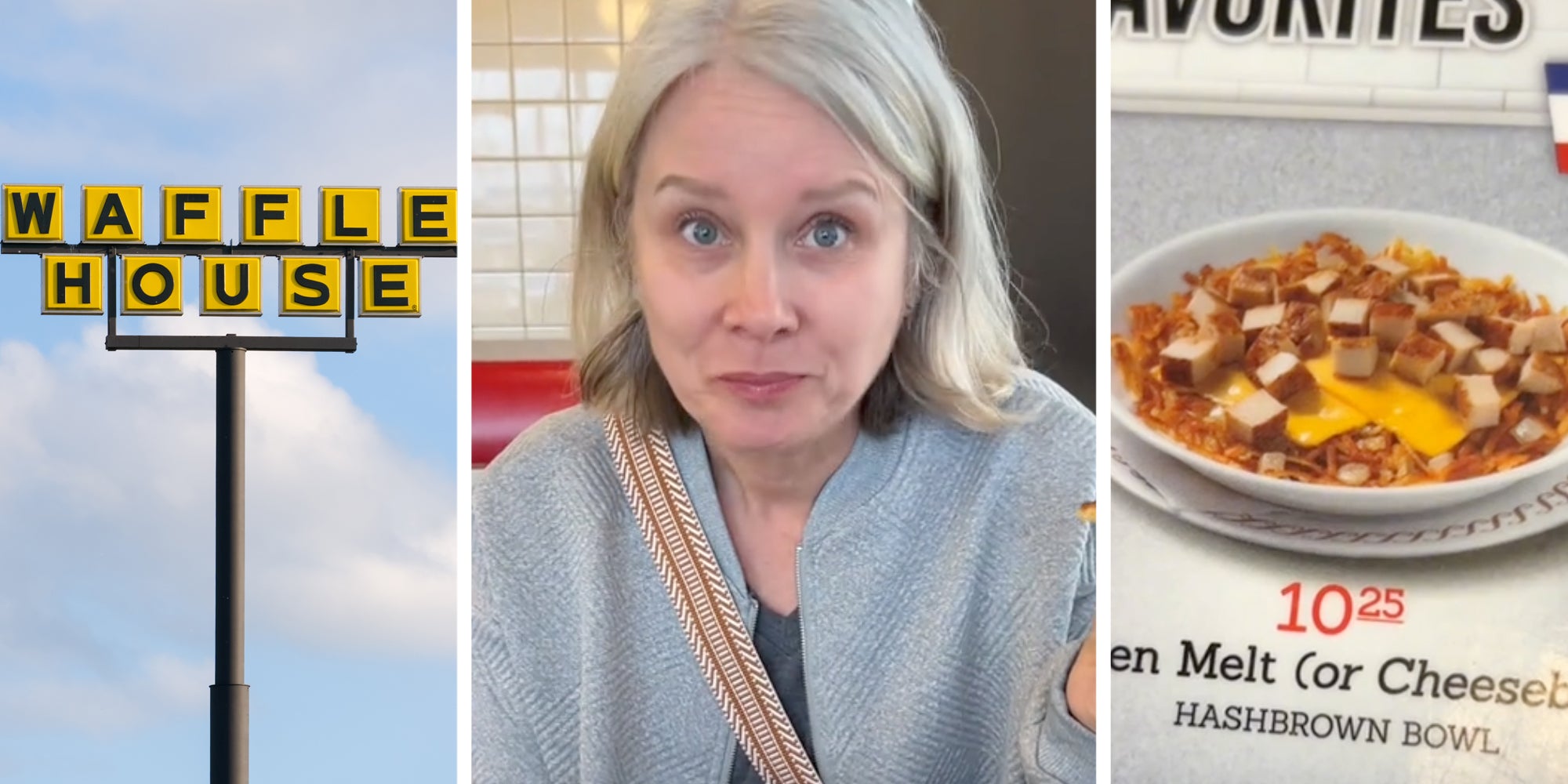 Waffle House sign(l), Woman talking(c), Cheeseburger hashbrown bowl(r)