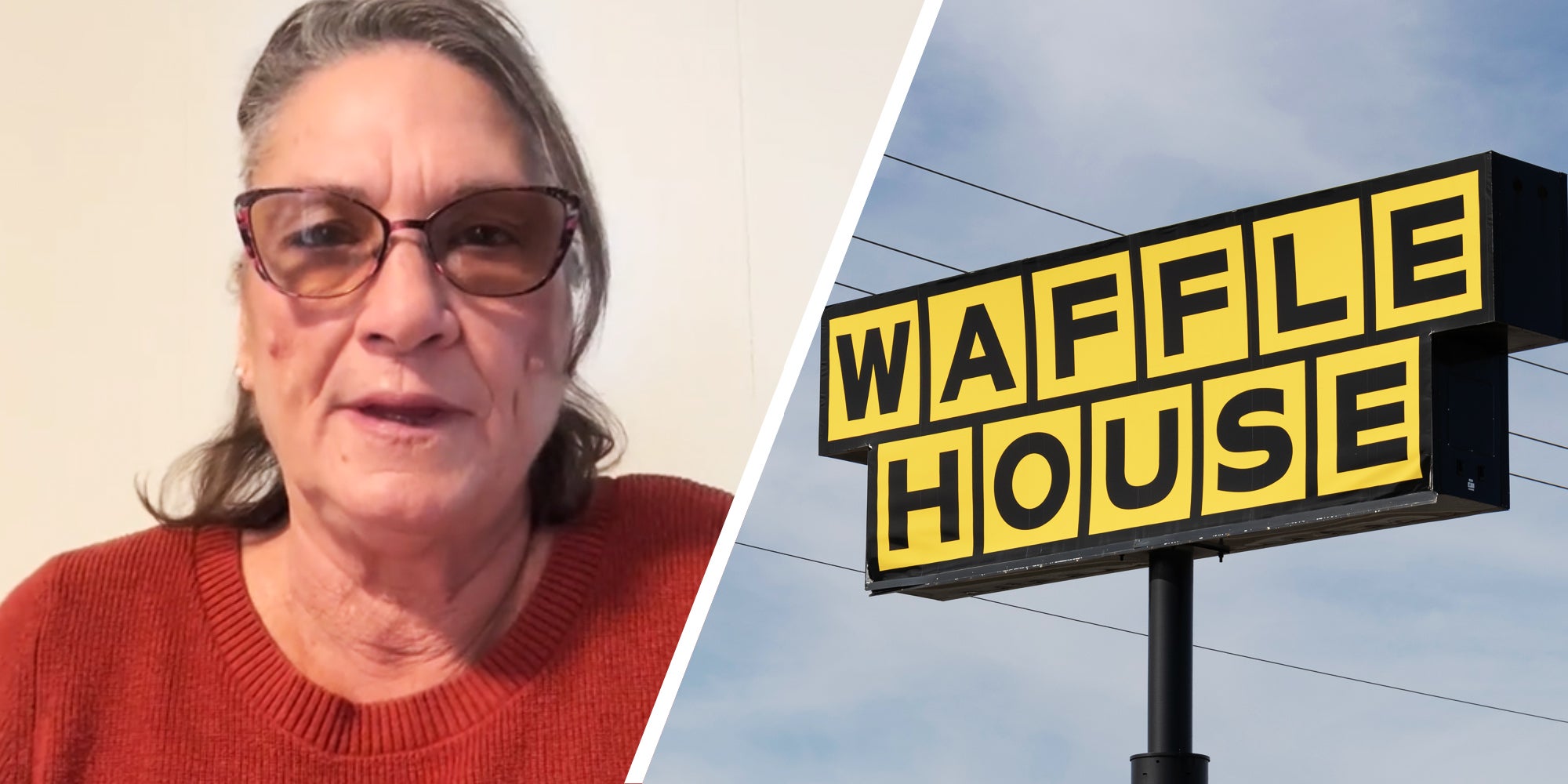 Woman talking(l), Waffle House sign(r)