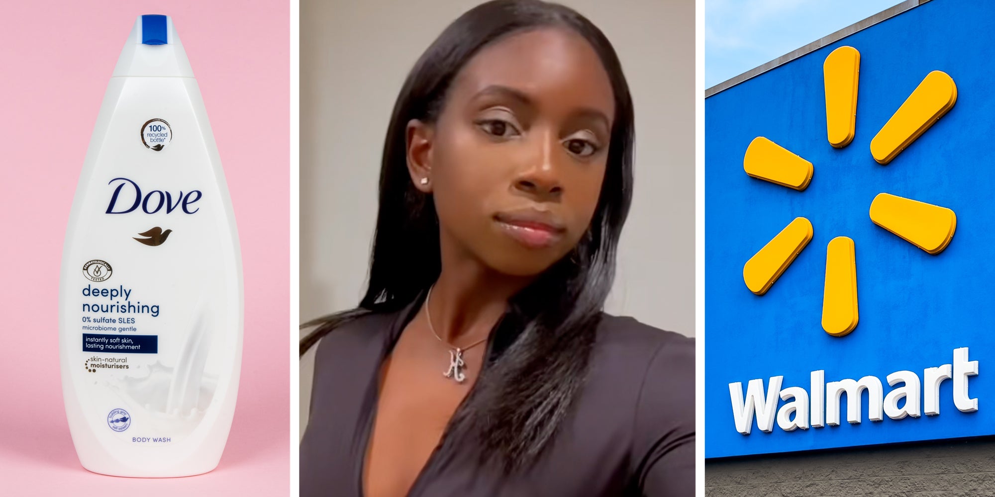 Dove bodywash(l), Woman talking(c), Walmart sign(r)