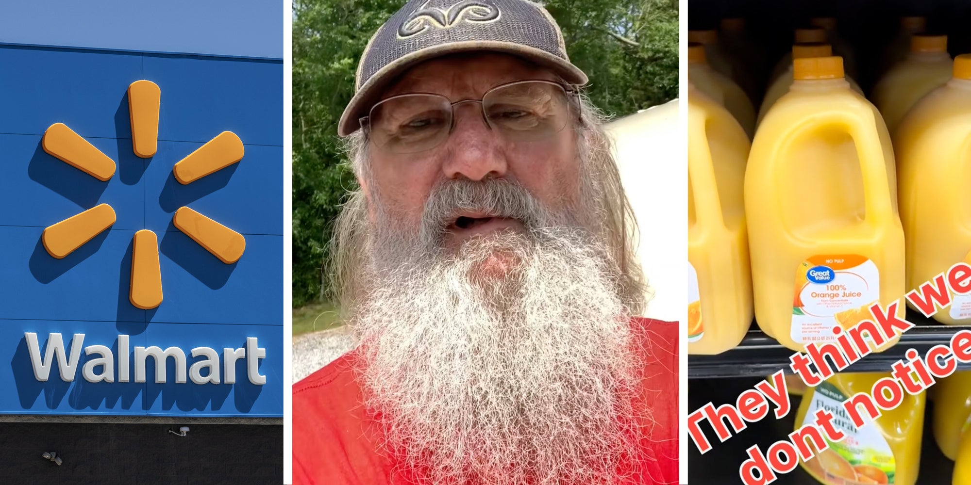 Walmart sign(l), Man talking(c), Orange juice cartons with text 'they think we dont notice'(r)