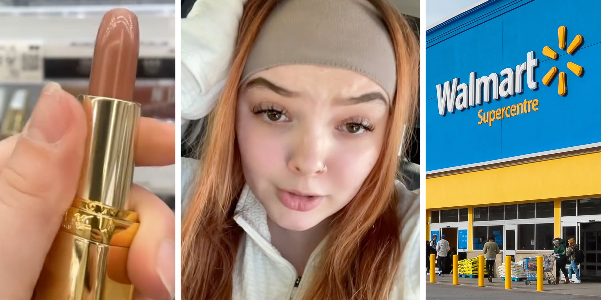 Hand holding lipstick(l), Woman talking(c), Walmart storefront(r)
