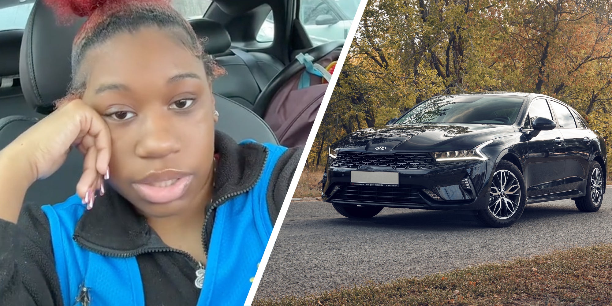 Woman talking(l), Kia K5(r)