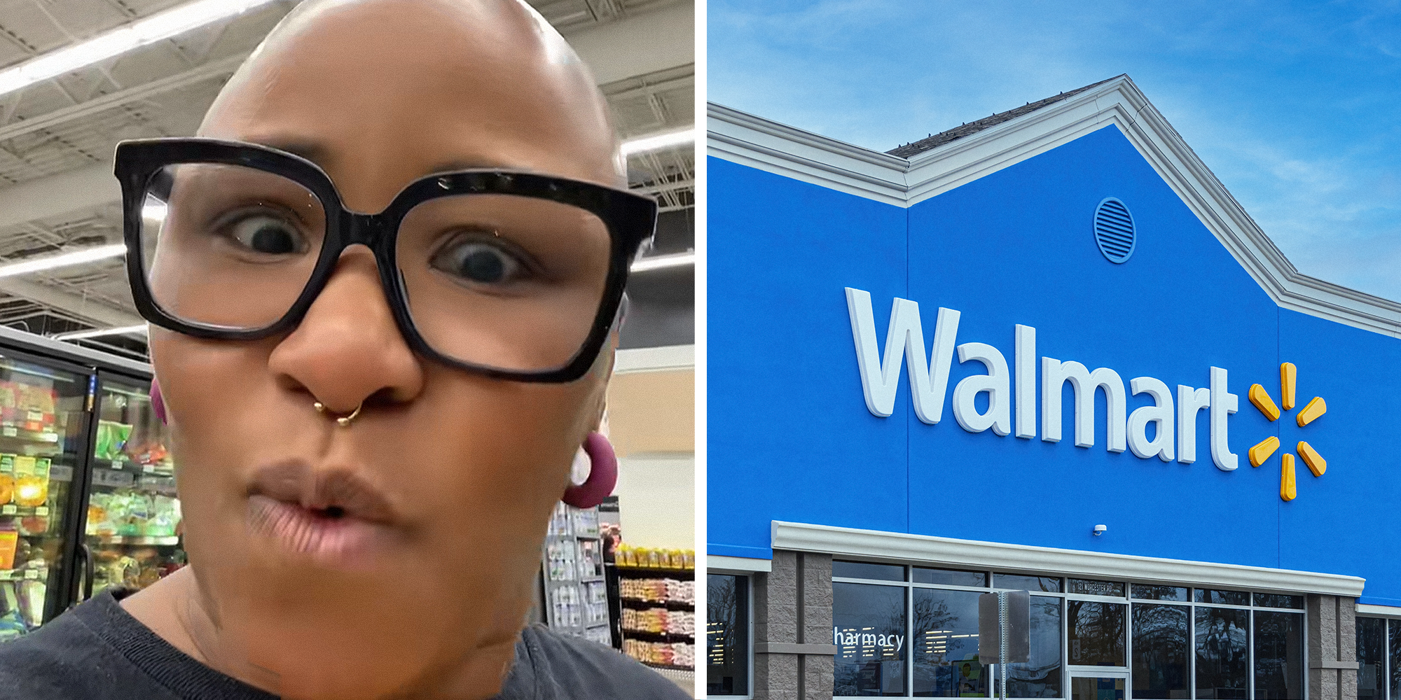 Split Image. Person explaining situation that happened to someone while shopping at Walmart using 'Scan and Go' feature on the left. Logo of Walmart on store building on the right.