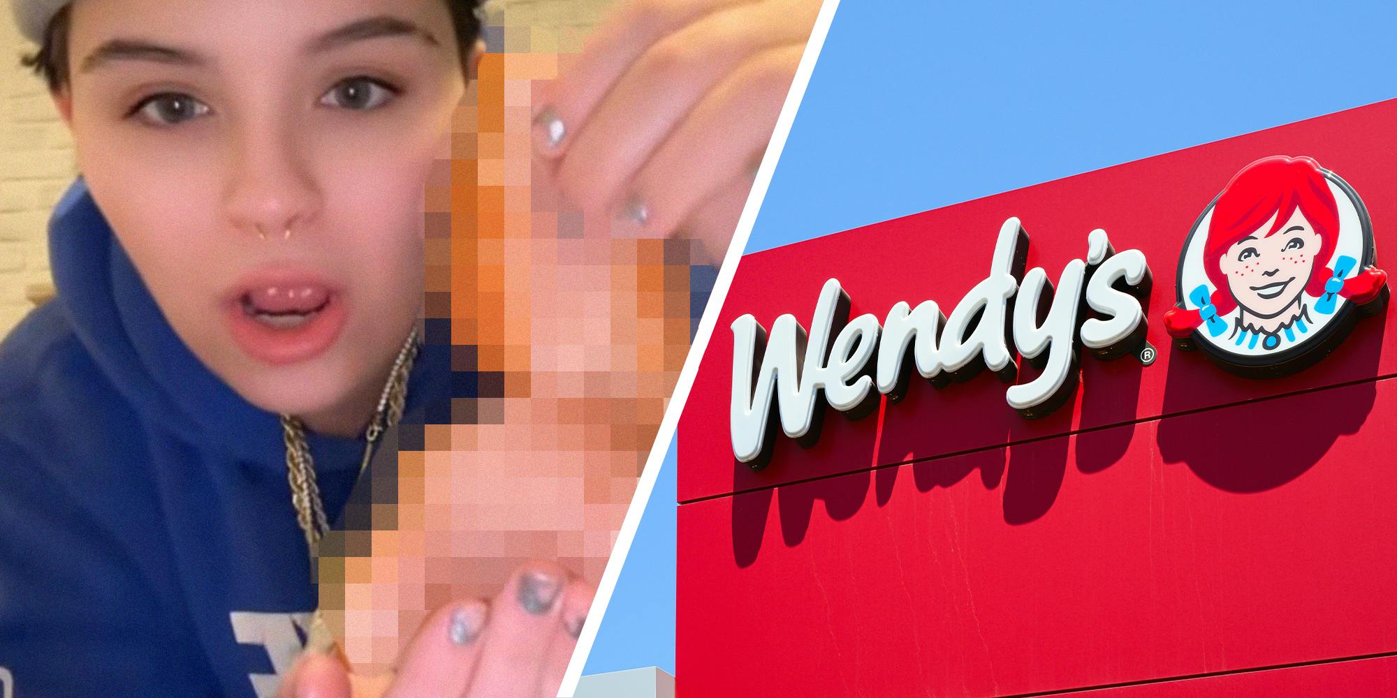 Woman holds up a piece of chicken(l) Wendys Logo on building(r)