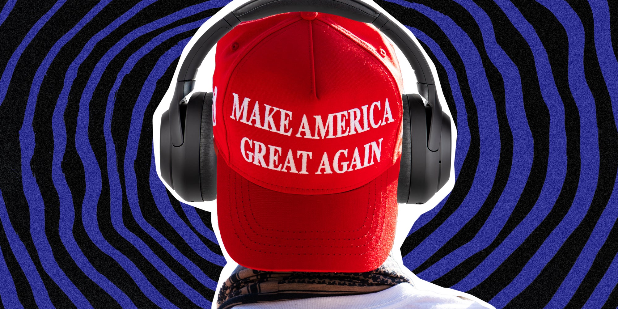 Man with maga hat on backwards and headphones over spiral design