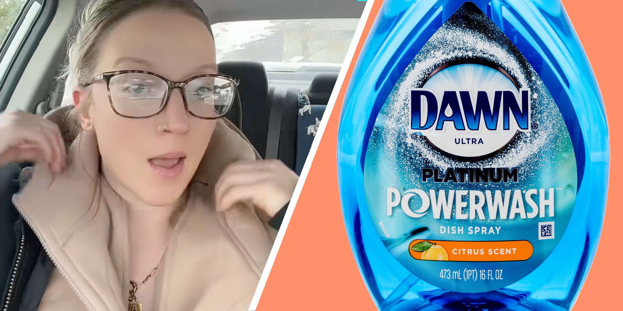 Woman talking(l), Dawn Powerwash soap(r)