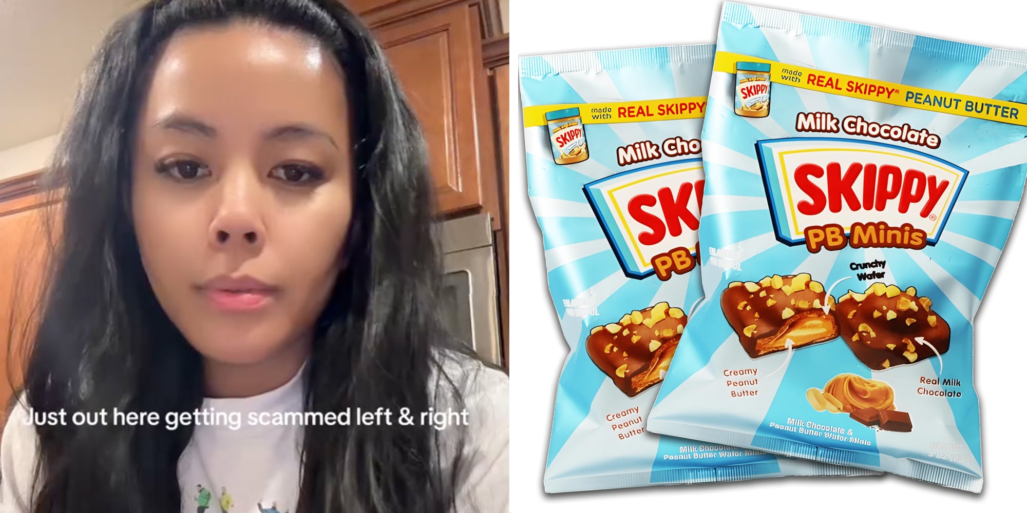 Woman talking with text 'just out here getting scammed left & right'(l), Skippy PB Mini bags(r)