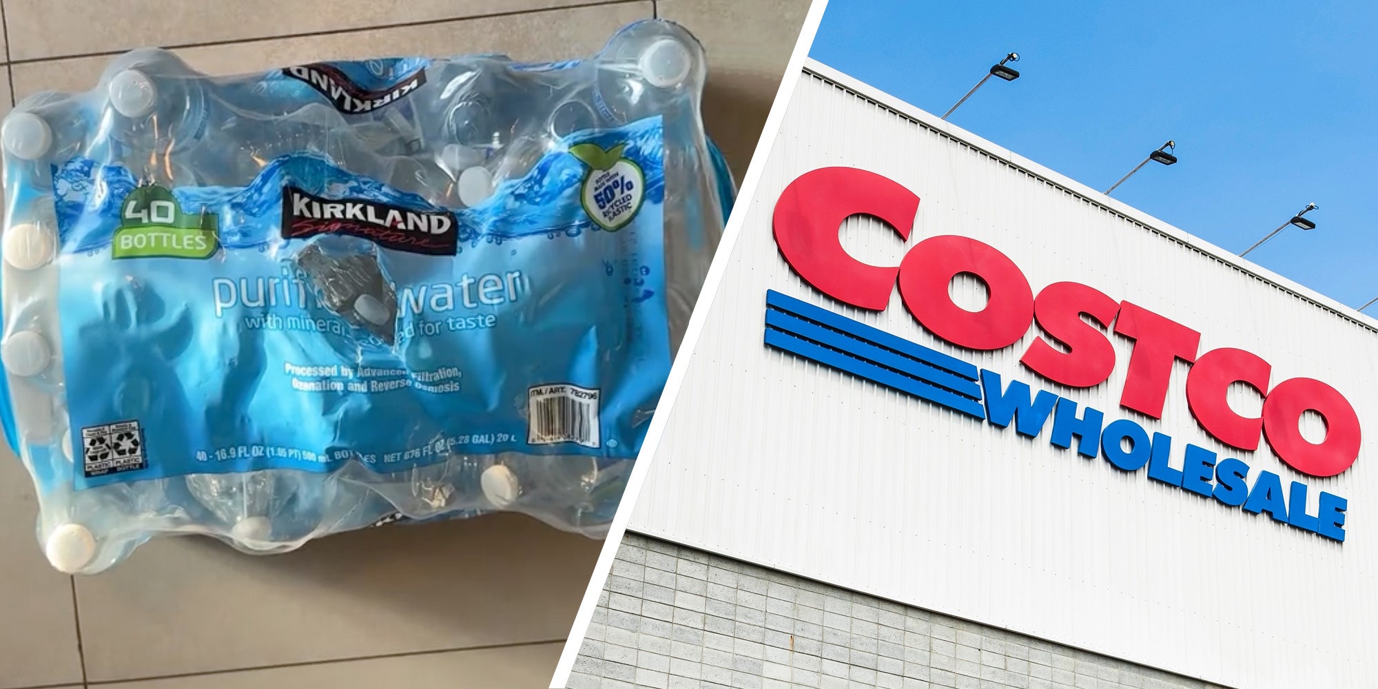 Case of water bottles(l), Costco store(r)
