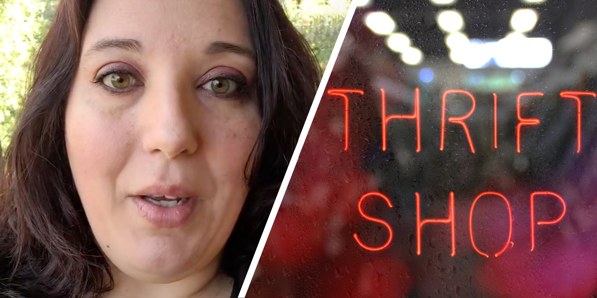 Woman talking(l), Thrift Shop sign(r)