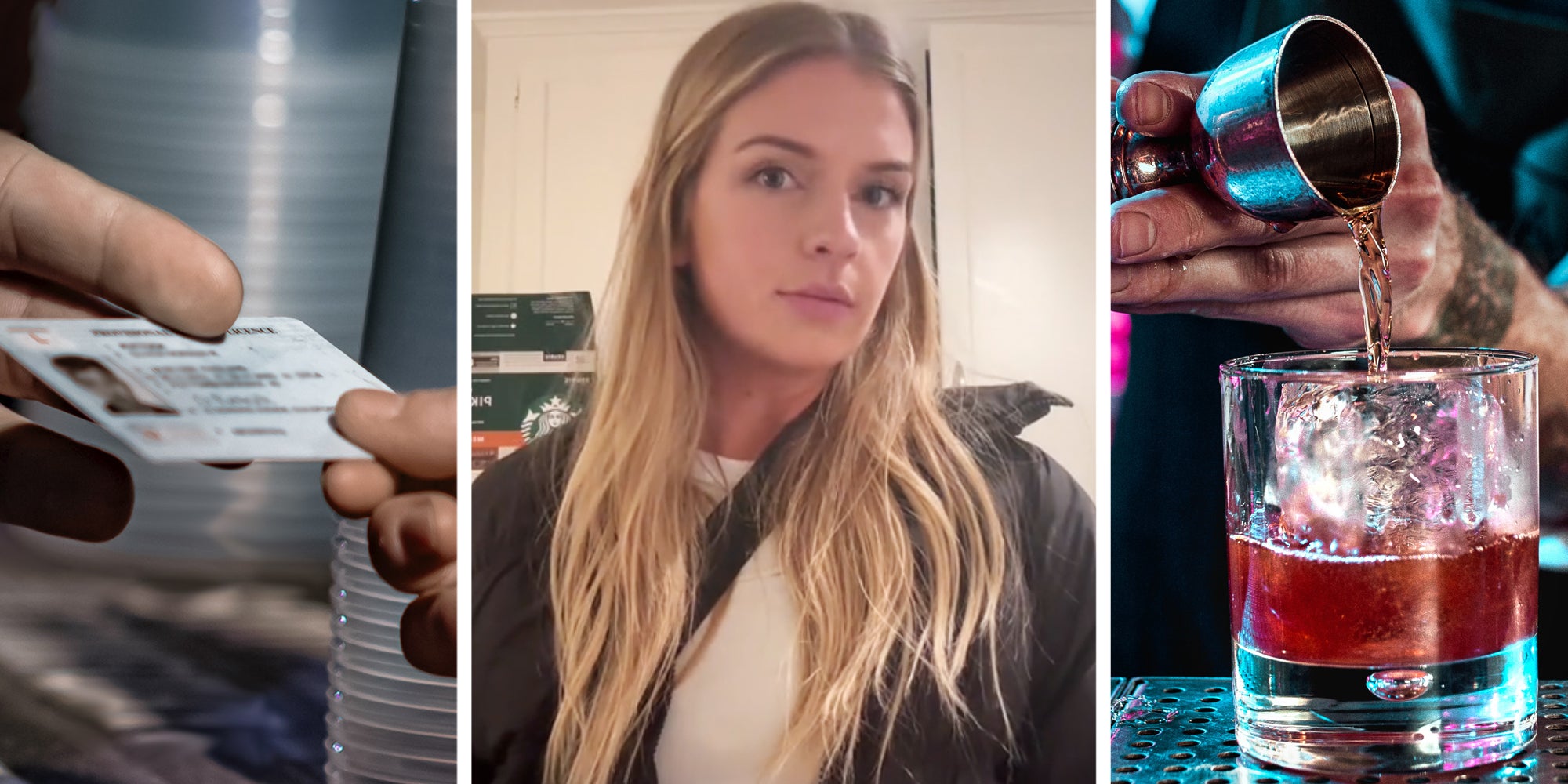 Hands passing ids(l), Woman talking(c), Bartender making drink(r)