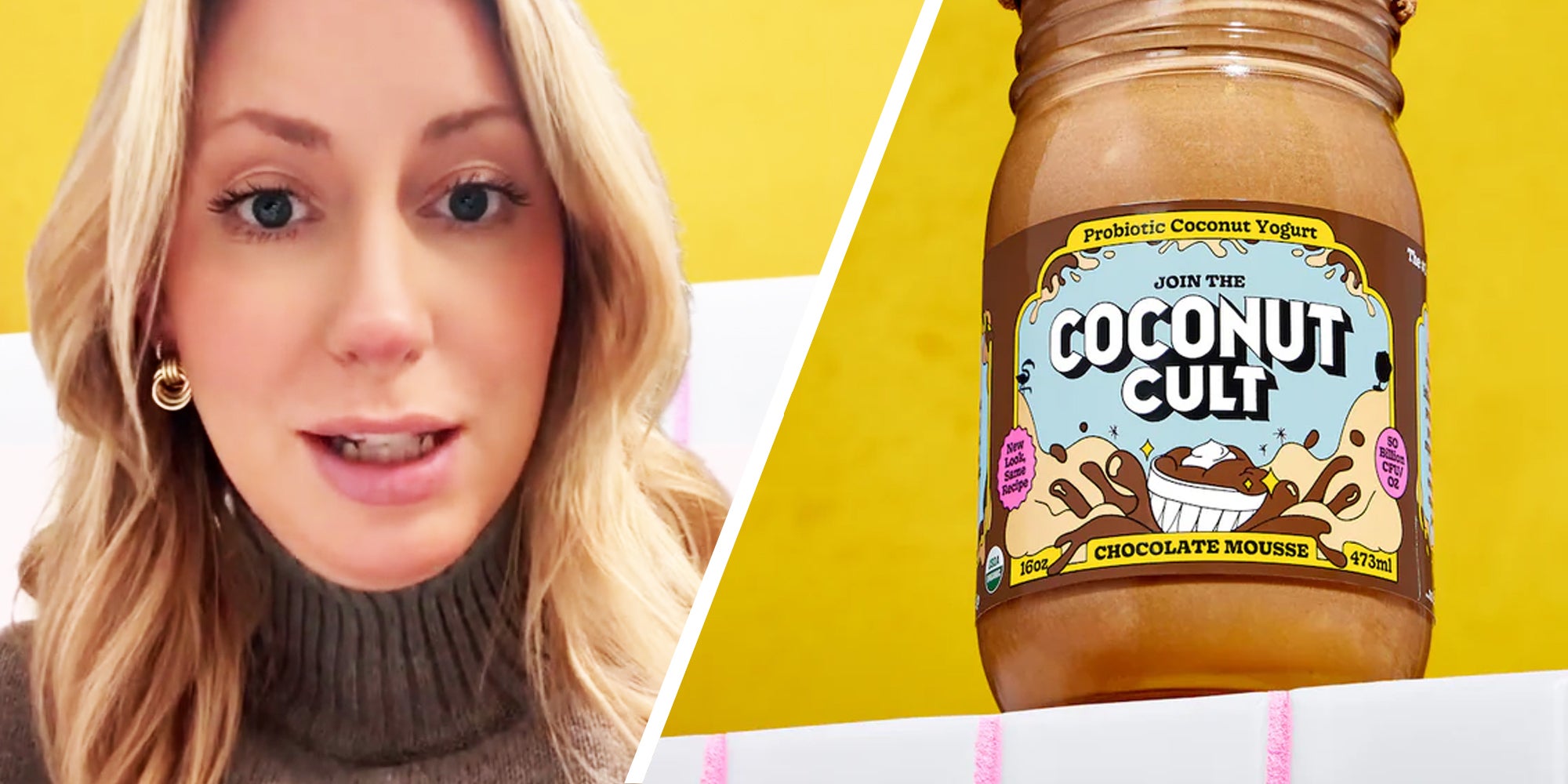 Woman talking(l), Coconut cult yogurt(r)