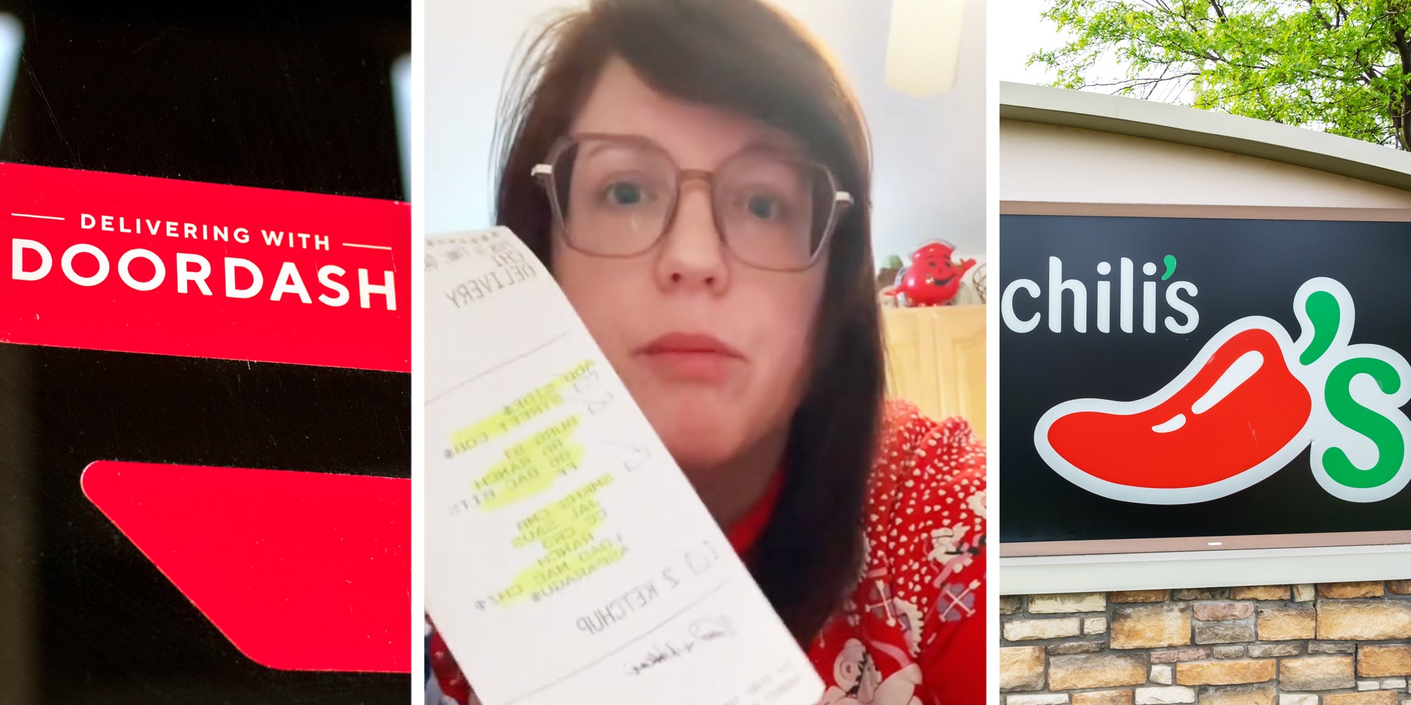Doordash(l), Woman with receipt(c), Chili's sign(r)