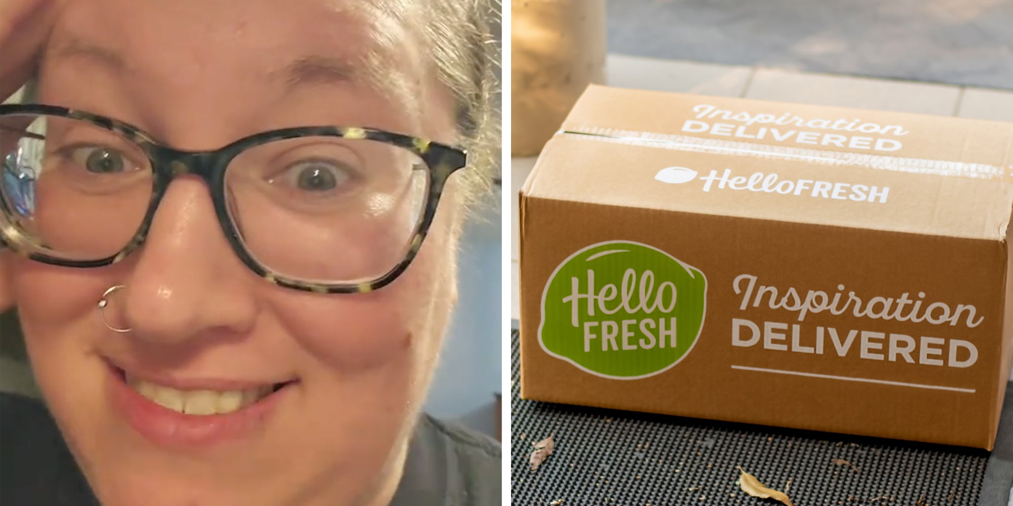 Woman talking(l), Hello Fresh box(r)