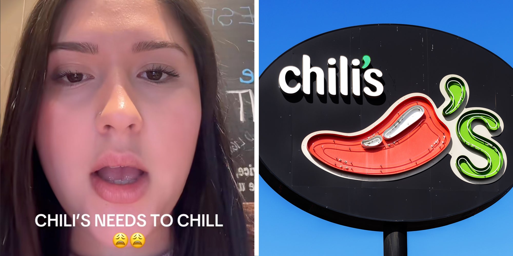 Woman talking with text 'chili's needs to chill'(l), Chili's sign(r)