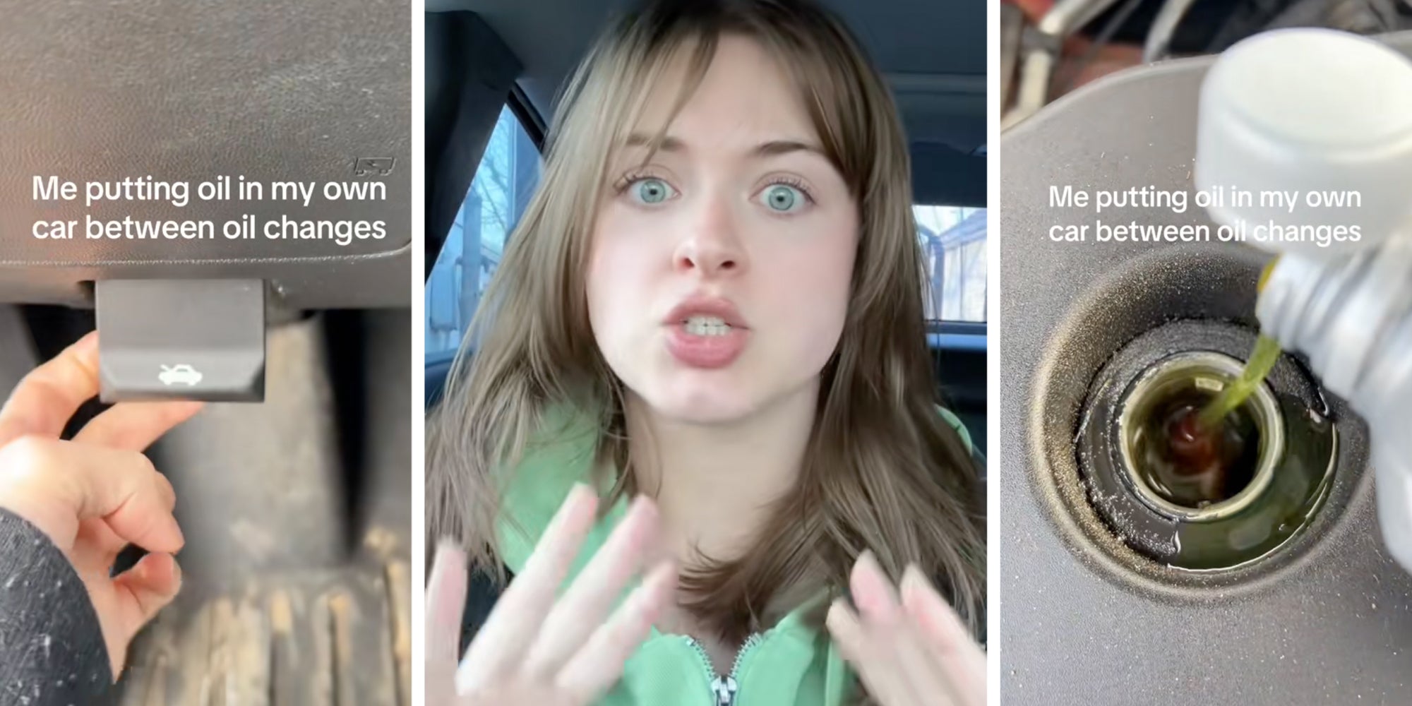 Hand pulling hood handle with text 'me putting oil in my own car between oil changes'(l), Woman talking(c), oil poured into car with same text as first slide(r)
