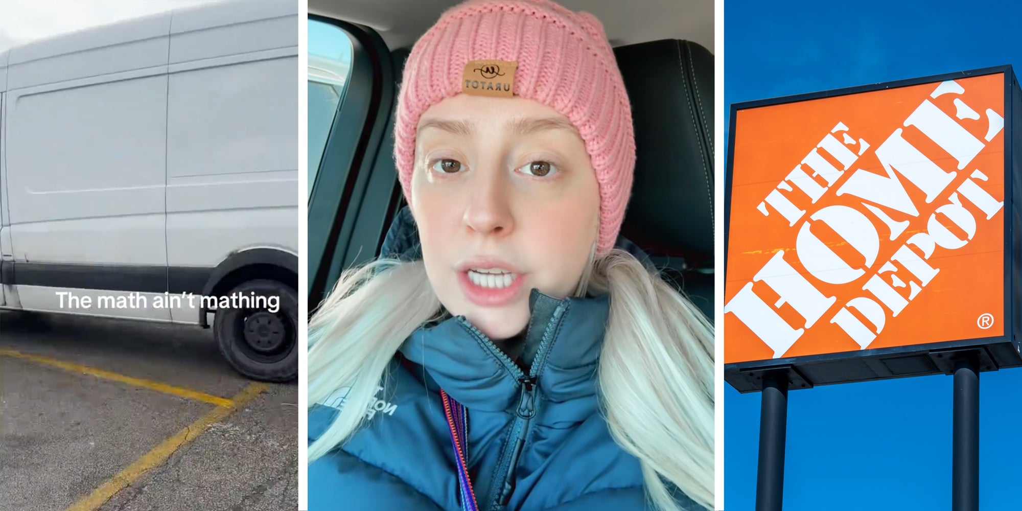 Truck with text 'the math ain't mathing'(l), Woman talking(c), The Home Depot sign(r)