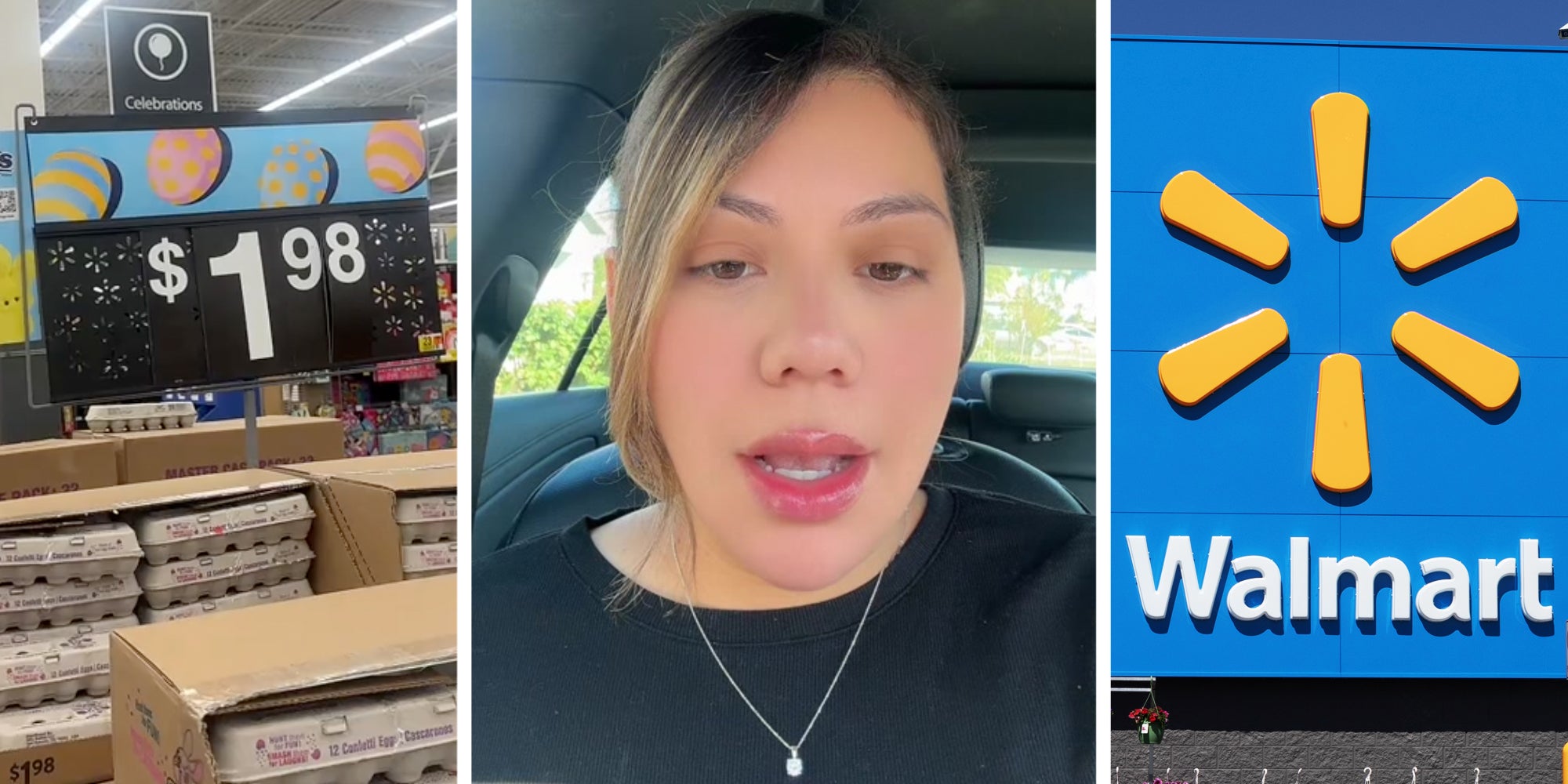 Display sign and egg cartons(l), Woman talking(c), Walmart sign(r)
