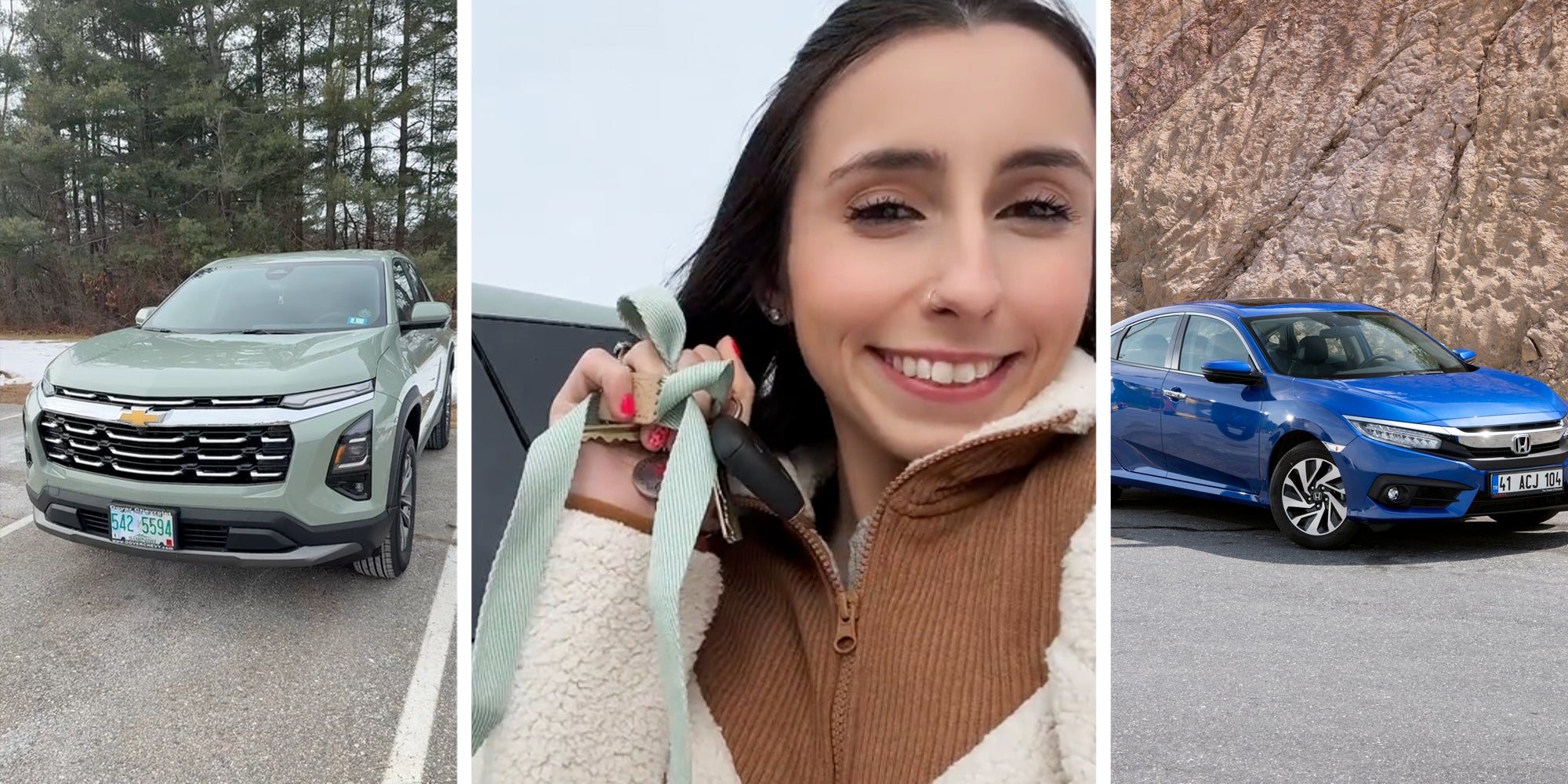 Chevy Equinox(l), Woman holding keys(c), Honda Civic(r)