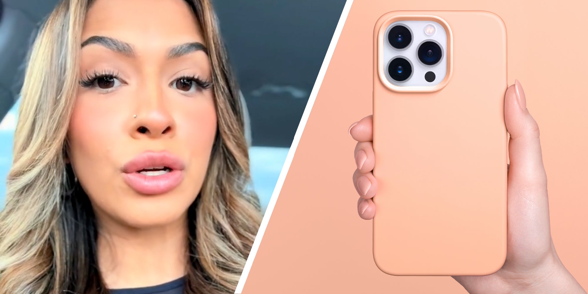 Woman talking(l), Hand holding iphone(r)