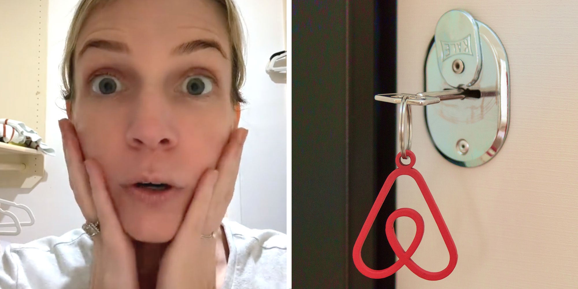 Screenshot of Tiktok user @sarahsendsherlove; A photo of a key in a door lock with an AirBnb logo keychain.