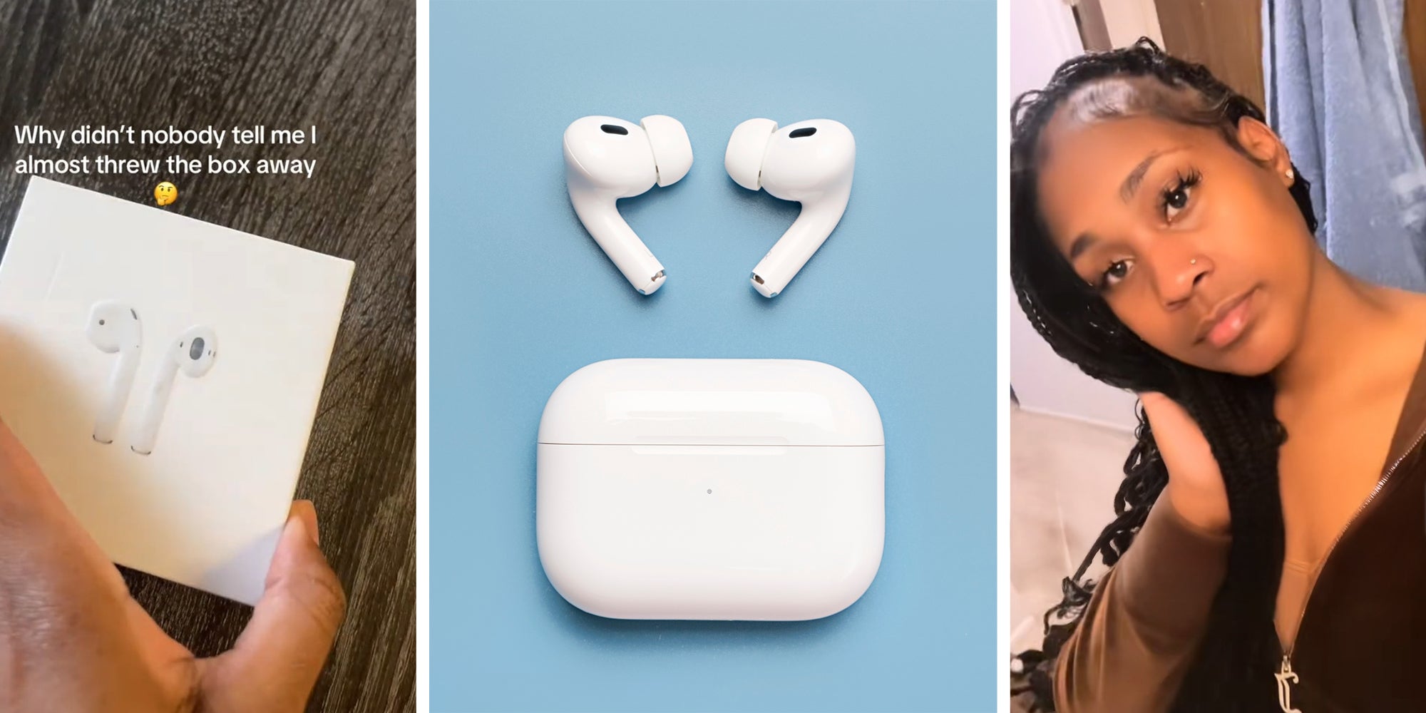 person holding airpods box(l) Airpods headphones(c) Woman shares what she found inside airpods box(r)