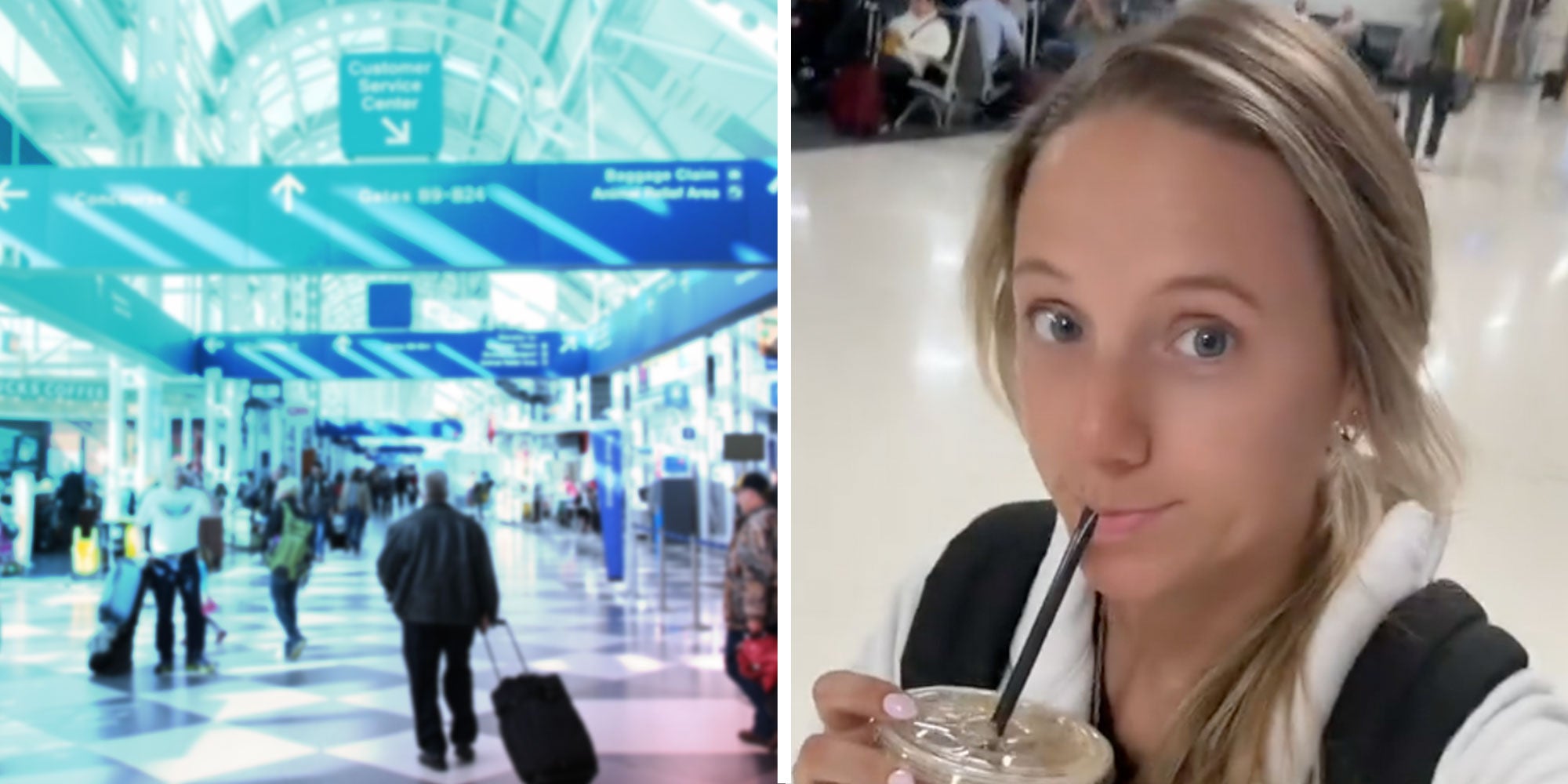 Photo of an airport terminal; Screenshot of Tiktok user @jenny_kurtzz