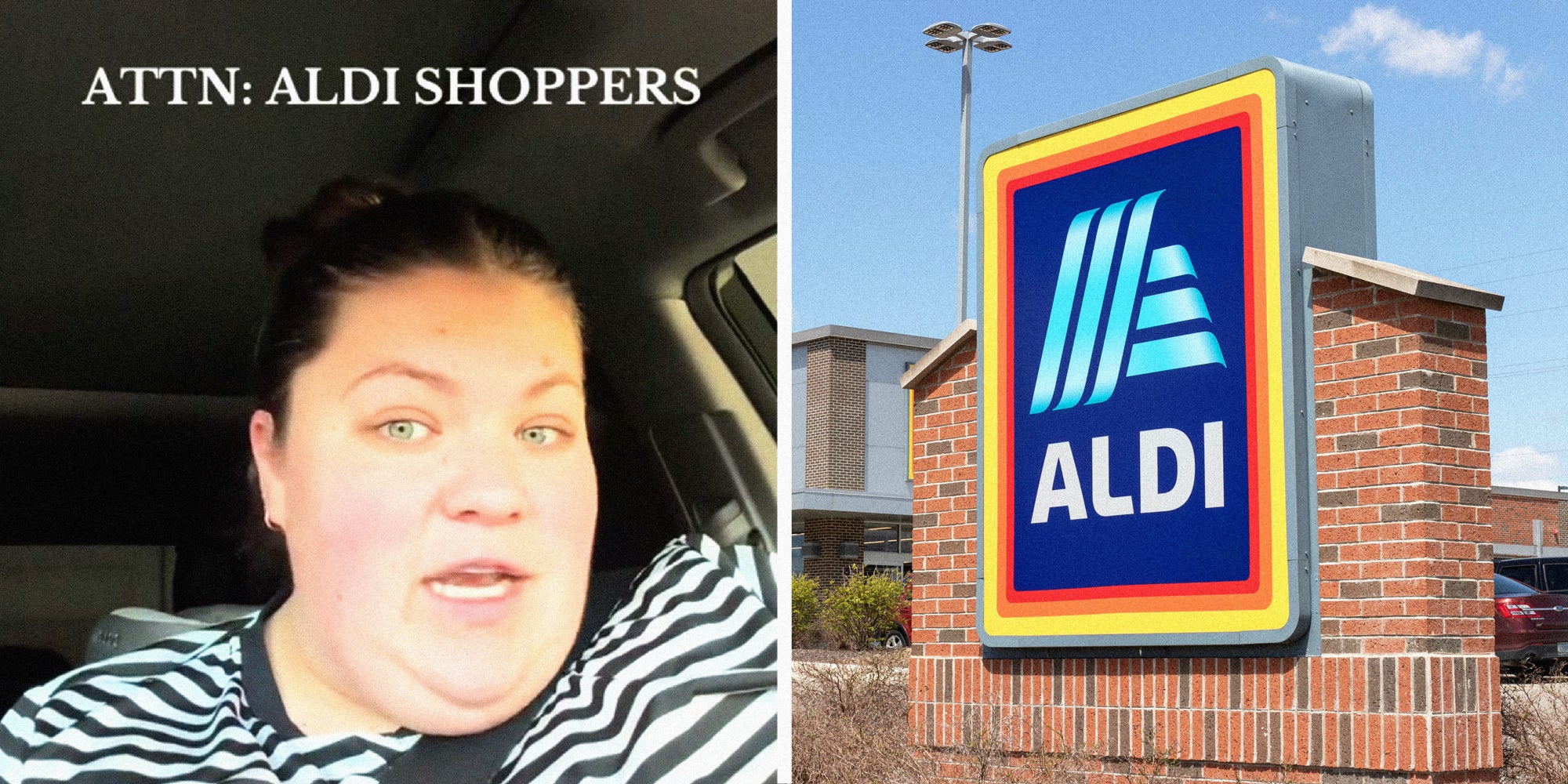 2 panel image: on the left a person explains and on the right is an Aldi Store sign.