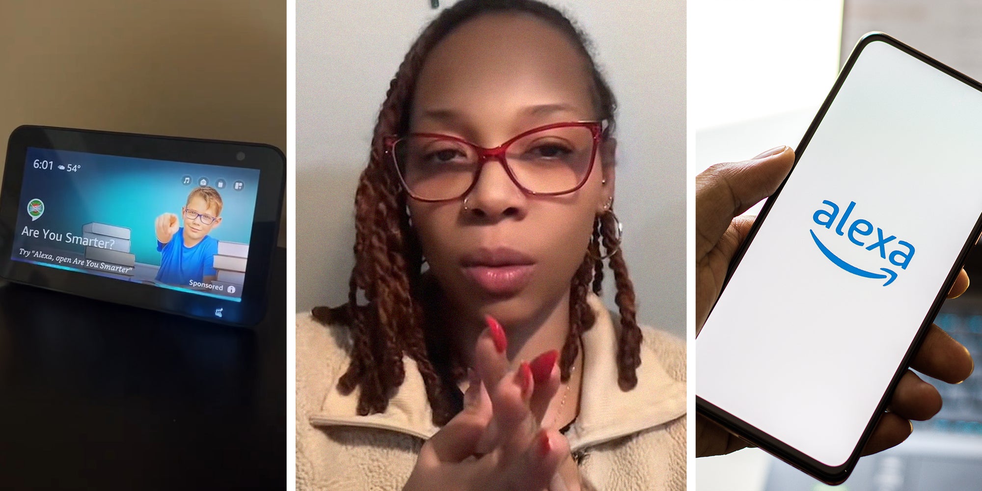 Amazon Alexa(l) Woman asks alexa a question(c) Amazon alexa on phone display(r)