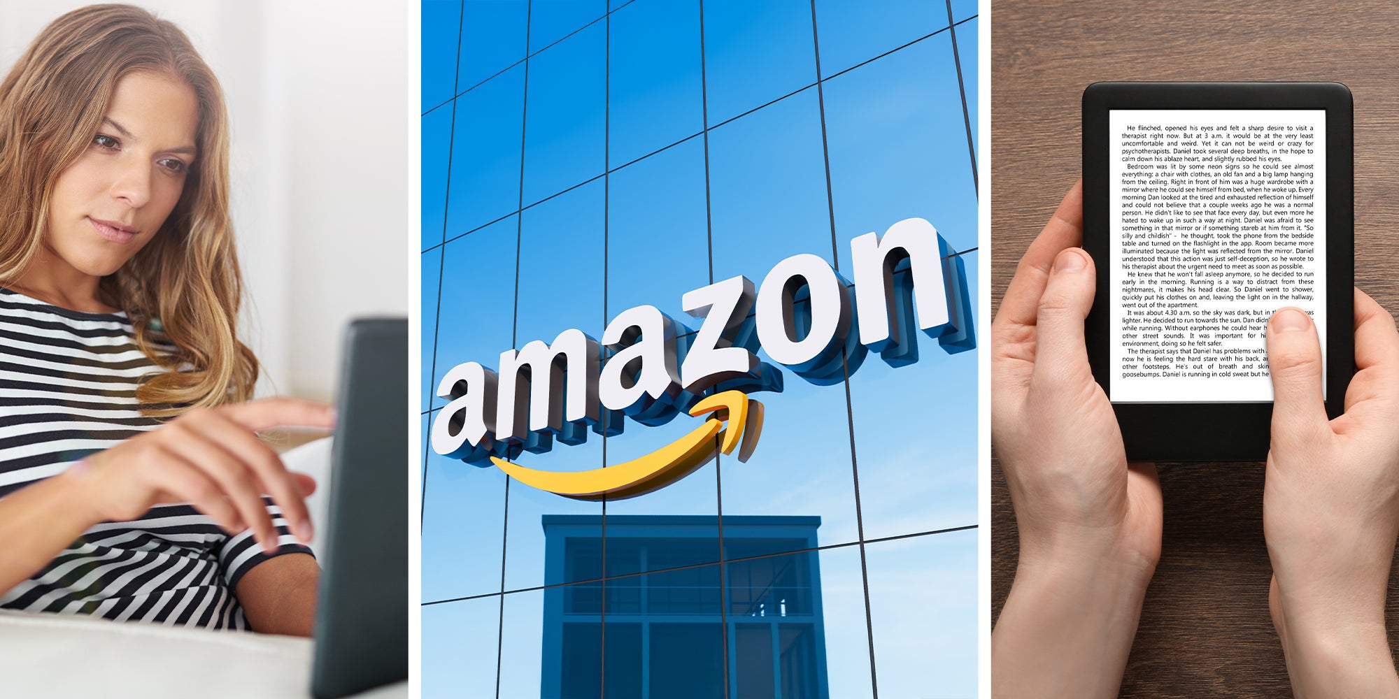 woman using her amazon kindle(l) Amazon building logo(c) Person holding ebook reader(r)