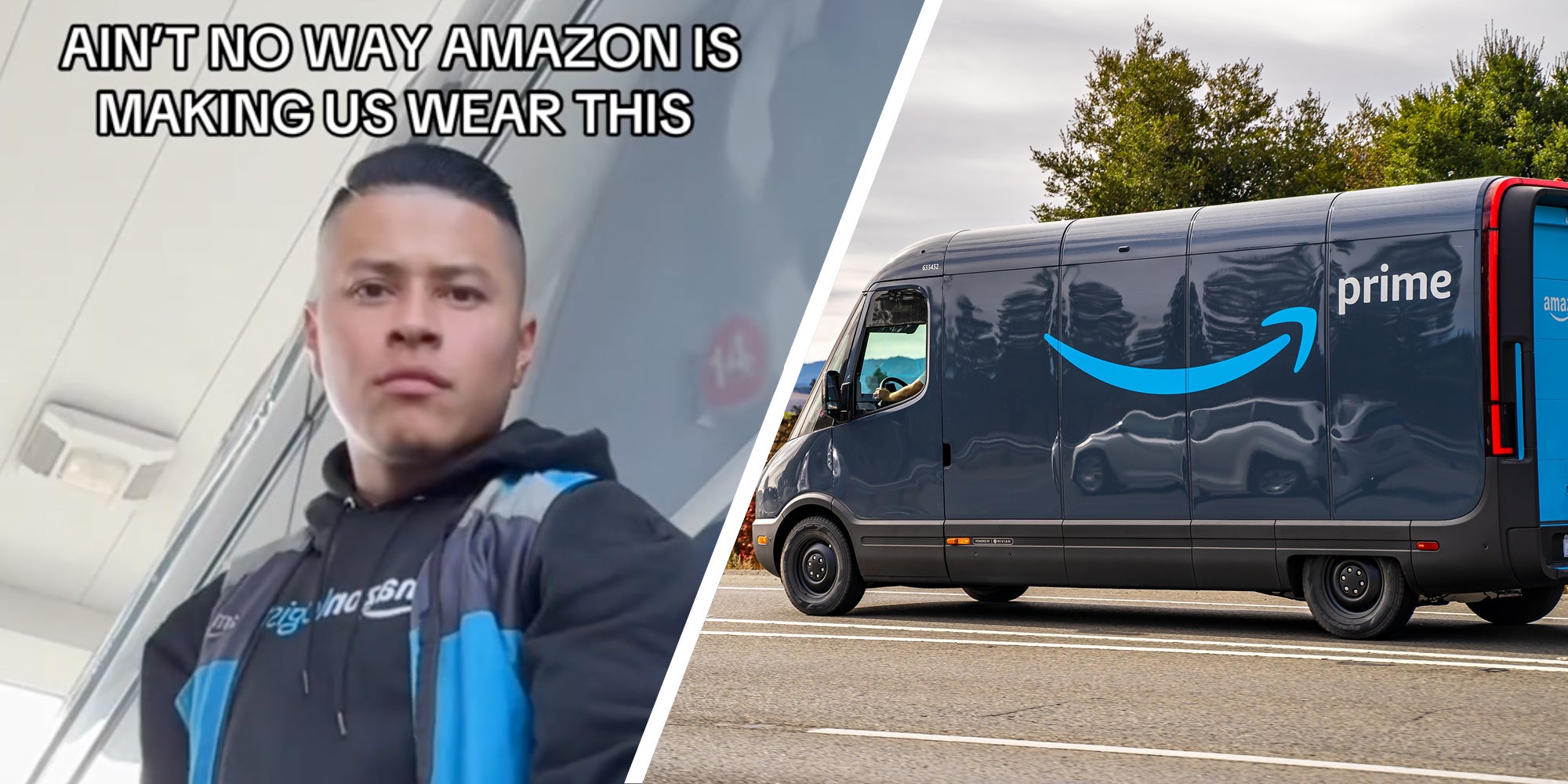 Amazon driver with text 'aint no way amazon is making us wear this'(l), Amazon prime van(r)