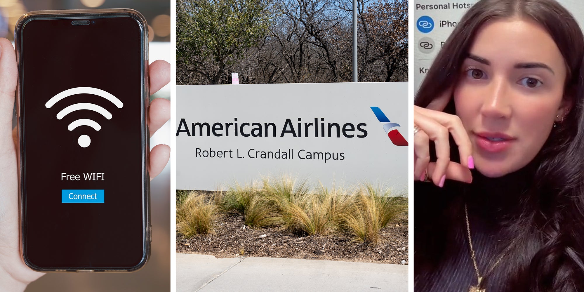 free wifi logo on iphone display(l) American Airlines Logo(c) Woman shares what she saw at american airlines(r)